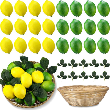 24 Pcs Fake Lemon Limes Artificial Fruits Faux 3" x 2" Mix Set with 10 Leaves and 1 Woven Basket Lifelike Decor for Kitchen Party Table Photo Prop (Yellow&Green) Yellow&green -