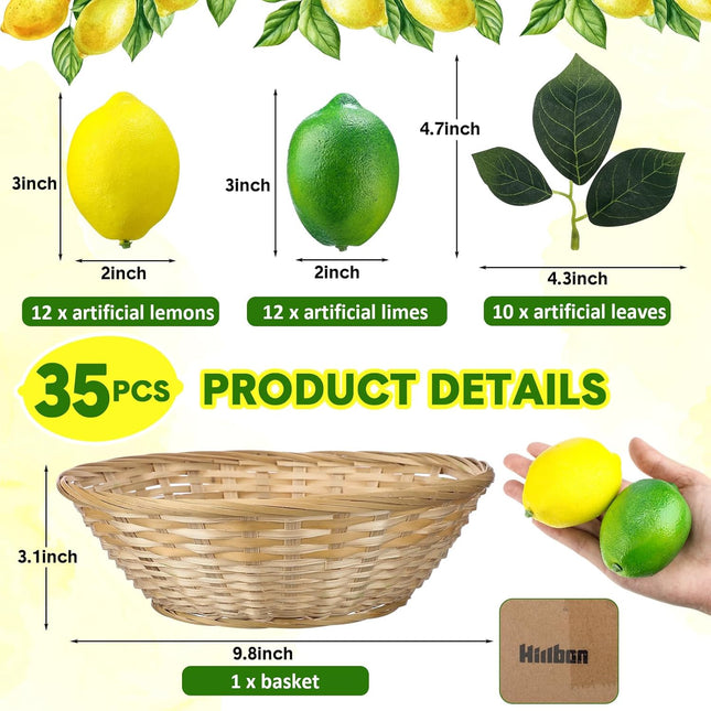 24 Pcs Fake Lemon Limes Artificial Fruits Faux 3" x 2" Mix Set with 10 Leaves and 1 Woven Basket Lifelike Decor for Kitchen Party Table Photo Prop (Yellow&Green) Yellow&green -.