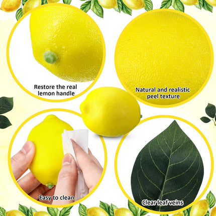 24 Pcs Fake Lemon Limes Artificial Fruits Faux 3" x 2" Mix Set with 10 Leaves and 1 Woven Basket Lifelike Decor for Kitchen Party Table Photo Prop (Yellow&Green) Yellow&green -.