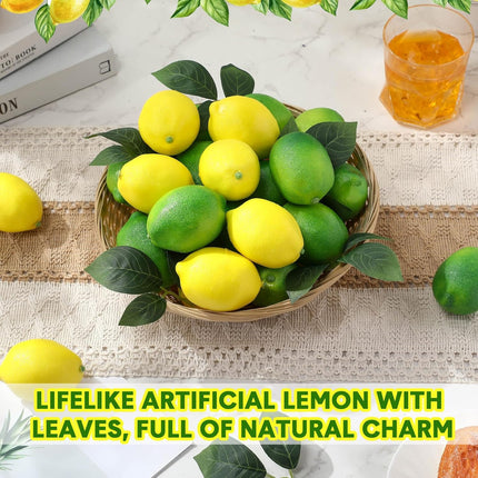 24 Pcs Fake Lemon Limes Artificial Fruits Faux 3" x 2" Mix Set with 10 Leaves and 1 Woven Basket Lifelike Decor for Kitchen Party Table Photo Prop (Yellow&Green) Yellow&green -.