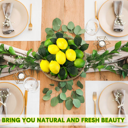 24 Pcs Fake Lemon Limes Artificial Fruits Faux 3" x 2" Mix Set with 10 Leaves and 1 Woven Basket Lifelike Decor for Kitchen Party Table Photo Prop (Yellow&Green) Yellow&green -.