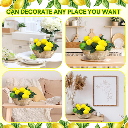24 Pcs Fake Lemon Limes Artificial Fruits Faux 3" x 2" Mix Set with 10 Leaves and 1 Woven Basket Lifelike Decor for Kitchen Party Table Photo Prop (Yellow&Green) Yellow&green -.