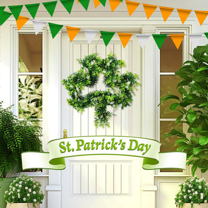 St Patricks Day Shamrock Wreath for Front Door Decorations 17 Inches Artificial Lucky Handmade Irish Sign with Grass Green Home Window.