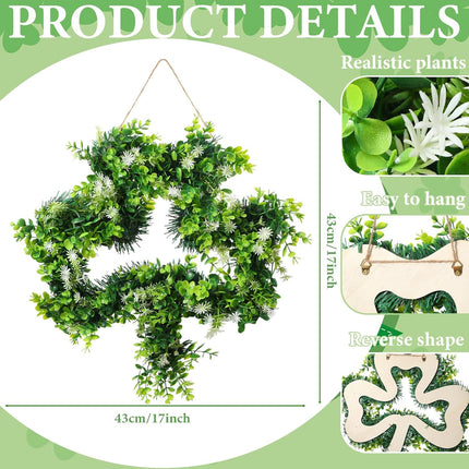 St Patricks Day Shamrock Wreath for Front Door Decorations 17 Inches Artificial Lucky Handmade Irish Sign with Grass Green Home Window.