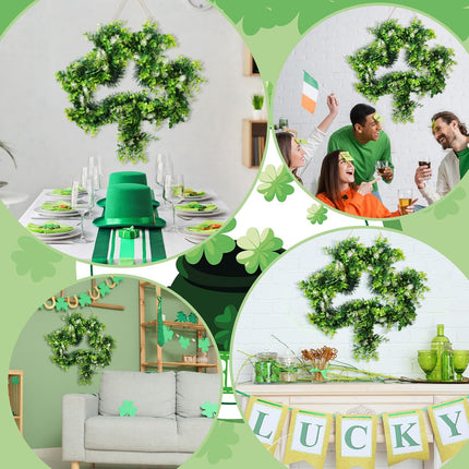 St Patricks Day Shamrock Wreath for Front Door Decorations 17 Inches Artificial Lucky Handmade Irish Sign with Grass Green Home Window.