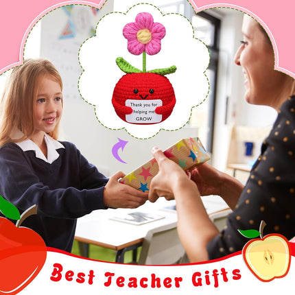 3 Pcs Teacher Appreciation Gifts Easter Gift Positive Flower Handmade Crochet Doll Thank You for Helping Me Grow Teachers Week(Apple Puff Flower) -.