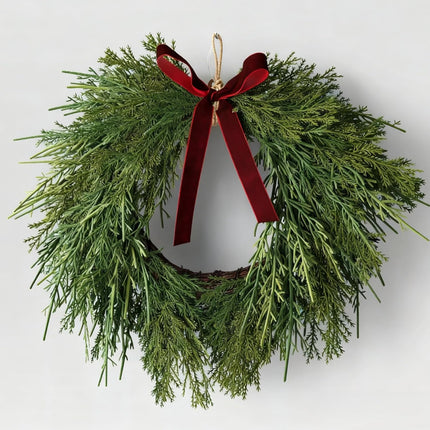 13.8" Christmas Artificial Cedar Wreath with Burgundy Velvet Bow Green Draping Oval for Front Door, Wall, Windows Indoor Outdoor Winter Festival Farmhouse Home Decor - 13.8 Inch.