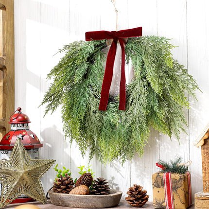 13.8" Christmas Artificial Cedar Wreath with Burgundy Velvet Bow Green Draping Oval for Front Door, Wall, Windows Indoor Outdoor Winter Festival Farmhouse Home Decor - 13.8 Inch.