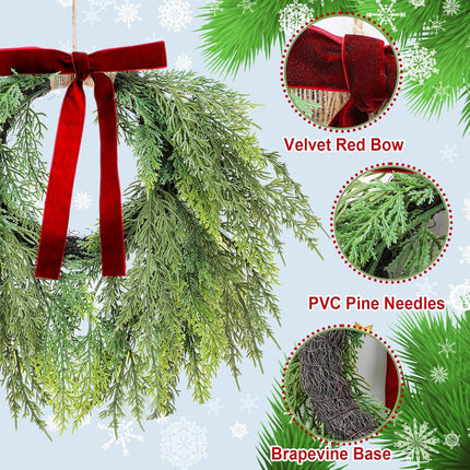 13.8" Christmas Artificial Cedar Wreath with Burgundy Velvet Bow Green Draping Oval for Front Door, Wall, Windows Indoor Outdoor Winter Festival Farmhouse Home Decor - 13.8 Inch.