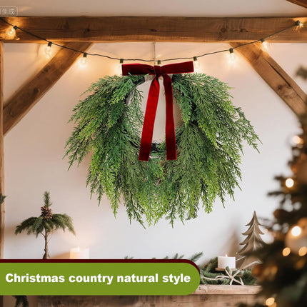 13.8" Christmas Artificial Cedar Wreath with Burgundy Velvet Bow Green Draping Oval for Front Door, Wall, Windows Indoor Outdoor Winter Festival Farmhouse Home Decor - 13.8 Inch.
