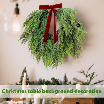 13.8" Christmas Artificial Cedar Wreath with Burgundy Velvet Bow Green Draping Oval for Front Door, Wall, Windows Indoor Outdoor Winter Festival Farmhouse Home Decor - 13.8 Inch.
