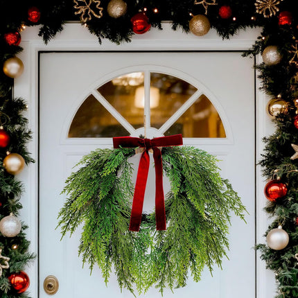 13.8" Christmas Artificial Cedar Wreath with Burgundy Velvet Bow Green Draping Oval for Front Door, Wall, Windows Indoor Outdoor Winter Festival Farmhouse Home Decor - 13.8 Inch.