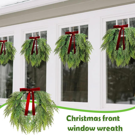 13.8" Christmas Artificial Cedar Wreath with Burgundy Velvet Bow Green Draping Oval for Front Door, Wall, Windows Indoor Outdoor Winter Festival Farmhouse Home Decor - 13.8 Inch.