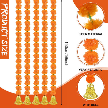 10 Pcs Marigold Garland for Diwali Decoration Pooja Items Indian 5 Feet Long Artificial Flowers Pooj Dia De Los Muertos Varalakshmi Day of The Dead(Orange) Orange -.
