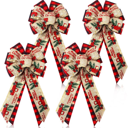 4 Pcs 10 x 18 Inch Christmas Buffalo Plaid LED Wreath Bow, Burlap Red Black Truck Pattern Lighted Bows, Xmas Tree Topper Ornaments Front Door Wall Stairs Decor for Indoor Outdoor Winter -.