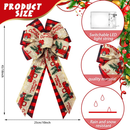 4 Pcs 10 x 18 Inch Christmas Buffalo Plaid LED Wreath Bow, Burlap Red Black Truck Pattern Lighted Bows, Xmas Tree Topper Ornaments Front Door Wall Stairs Decor for Indoor Outdoor Winter -.