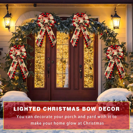 4 Pcs 10 x 18 Inch Christmas Buffalo Plaid LED Wreath Bow, Burlap Red Black Truck Pattern Lighted Bows, Xmas Tree Topper Ornaments Front Door Wall Stairs Decor for Indoor Outdoor Winter -.