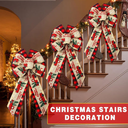 4 Pcs 10 x 18 Inch Christmas Buffalo Plaid LED Wreath Bow, Burlap Red Black Truck Pattern Lighted Bows, Xmas Tree Topper Ornaments Front Door Wall Stairs Decor for Indoor Outdoor Winter -.