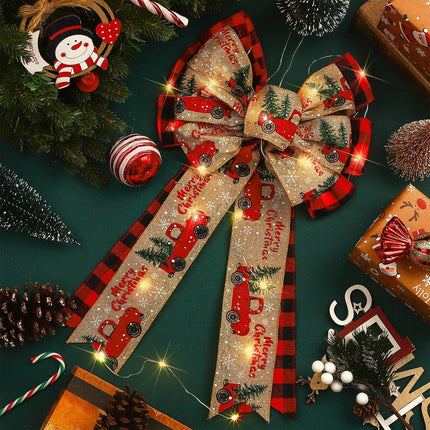 4 Pcs 10 x 18 Inch Christmas Buffalo Plaid LED Wreath Bow, Burlap Red Black Truck Pattern Lighted Bows, Xmas Tree Topper Ornaments Front Door Wall Stairs Decor for Indoor Outdoor Winter -.