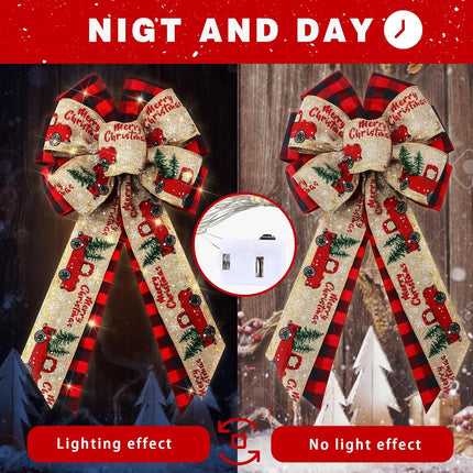 4 Pcs 10 x 18 Inch Christmas Buffalo Plaid LED Wreath Bow, Burlap Red Black Truck Pattern Lighted Bows, Xmas Tree Topper Ornaments Front Door Wall Stairs Decor for Indoor Outdoor Winter -.