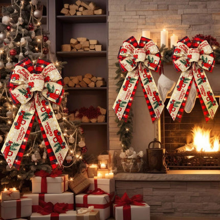 4 Pcs 10 x 18 Inch Christmas Buffalo Plaid LED Wreath Bow, Burlap Red Black Truck Pattern Lighted Bows, Xmas Tree Topper Ornaments Front Door Wall Stairs Decor for Indoor Outdoor Winter -.