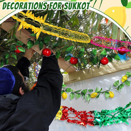 Wavwav 4 Pcs Sukkot Fruit Hanging Banner Decoration Apple & Etrog Foil Garland Indoor/Outdoor Decor Party Supplies for Sukkah -.