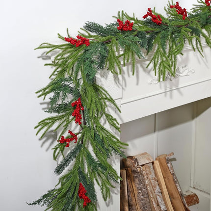 9ft Christmas Norfolk Pine Garlands, Artificial Realistic Greenery Garland, Winter Garlands for Table Fireplace Wall Centerpiece Decoration Red Berry -.