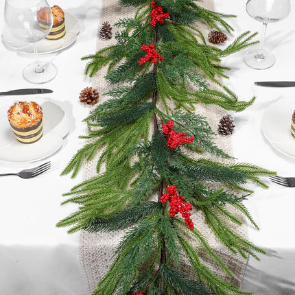 9ft Christmas Norfolk Pine Garlands, Artificial Realistic Greenery Garland, Winter Garlands for Table Fireplace Wall Centerpiece Decoration Red Berry -.