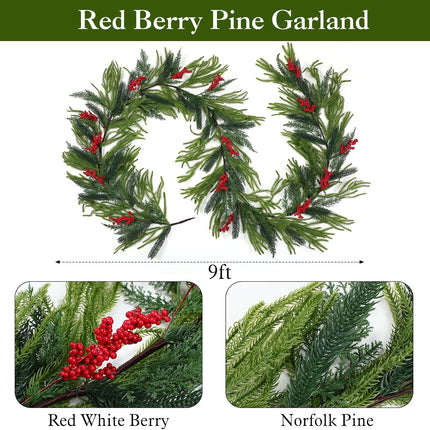 9ft Christmas Norfolk Pine Garlands, Artificial Realistic Greenery Garland, Winter Garlands for Table Fireplace Wall Centerpiece Decoration Red Berry -.