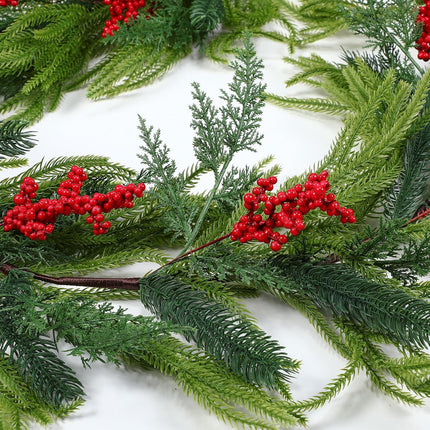 9ft Christmas Norfolk Pine Garlands, Artificial Realistic Greenery Garland, Winter Garlands for Table Fireplace Wall Centerpiece Decoration Red Berry -.