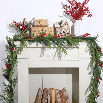 9ft Christmas Norfolk Pine Garlands, Artificial Realistic Greenery Garland, Winter Garlands for Table Fireplace Wall Centerpiece Decoration Red Berry -.
