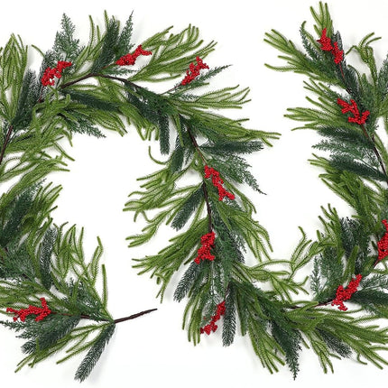 9ft Christmas Norfolk Pine Garlands, Artificial Realistic Greenery Garland, Winter Garlands for Table Fireplace Wall Centerpiece Decoration Red Berry -.