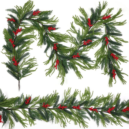 9ft Christmas Norfolk Pine Garlands, Artificial Realistic Greenery Garland, Winter Garlands for Table Fireplace Wall Centerpiece Decoration Red Berry -.