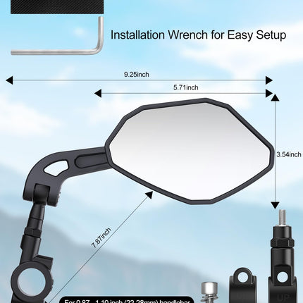 Adjustable Handlebar Bike Mirror- Anti-Slip Pads & Installation Wrench, 360° Rotatable HD Shatterproof Glass Electric Mirrors, Fit for Mountain/E-Bikes/Road Bikes (1 Pair) -.