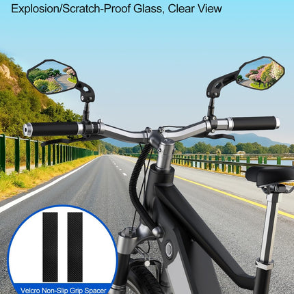 Adjustable Handlebar Bike Mirror- Anti-Slip Pads & Installation Wrench, 360° Rotatable HD Shatterproof Glass Electric Mirrors, Fit for Mountain/E-Bikes/Road Bikes (1 Pair) -.