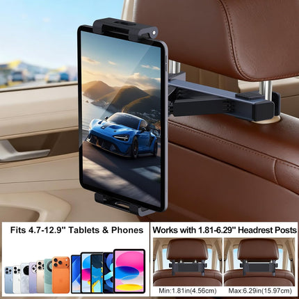 Car Headrest Tablet Holder [Metal Triangle Structure] Adjustable Mount for Back Seat, 360° Swivel, Road Trip Essentials Kids, Accessories Women Interior 4.7-12.9" Tablets -.