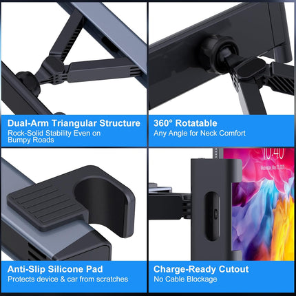 Car Headrest Tablet Holder [Metal Triangle Structure] Adjustable Mount for Back Seat, 360° Swivel, Road Trip Essentials Kids, Accessories Women Interior 4.7-12.9" Tablets -.