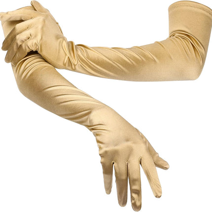 Long Elbow Satin Gloves, Stretchy 21inch 1920s Opera Gloves for Evening Dancing Parties Golden -.