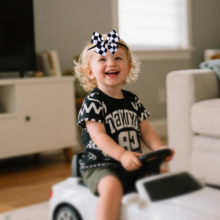 Racing Checkered Flag Bow Headband, Elastic Dressing up Clips for Baby Women Black & White Hairband Clothes Car Outfit Theme Party Sports Items Event Halloween -.