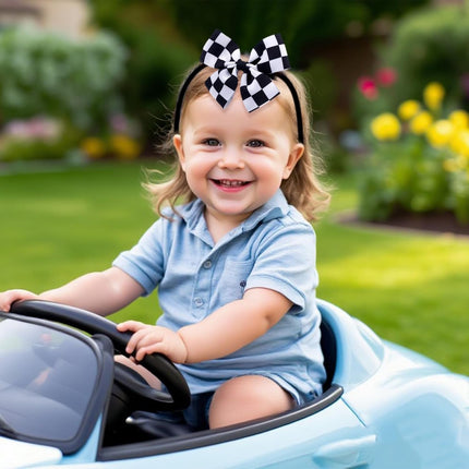 Racing Checkered Flag Bow Headband, Elastic Dressing up Clips for Baby Women Black & White Hairband Clothes Car Outfit Theme Party Sports Items Event Halloween -.