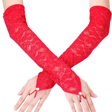 Long Lace Gloves, Bridal Fingerless Gloves for Women Tea Party 1920s Costumes Opera Masquerade, Elbow Length 15.7inch (Red) -.