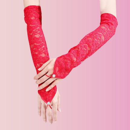 Long Lace Gloves, Bridal Fingerless Gloves for Women Tea Party 1920s Costumes Opera Masquerade, Elbow Length 15.7inch (Red) -.