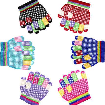 6 Pairs Kids Anti-Skid Magic Gloves, Multicolor Winter Warm Full Finger Mittens Stretchy Knitted Gloves for Boys and Girls -.