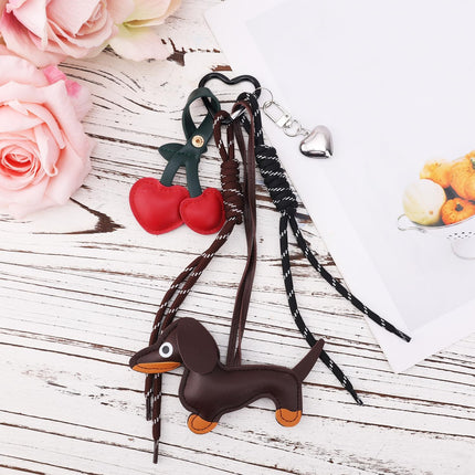 Leather Dachshund Keychain, Cute Dog Heart Cherry Keyring Puppy Bag Pendant Key Chain Charm Accessories for Handbag Purses Bags Cars Fashion Gifts Lovers -.
