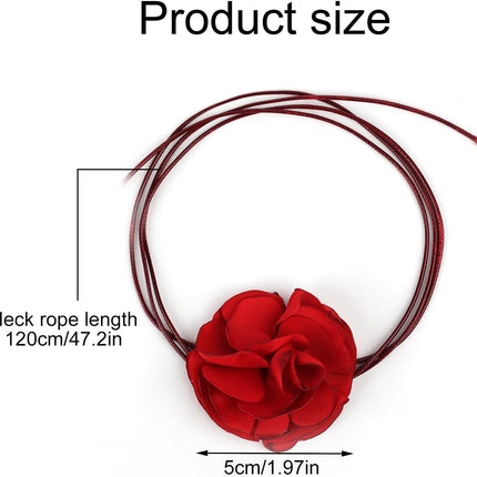 Vintage Flower Necklaces, Boho Floral Necklace Adjustable Fabric Rose for Women Girls Bride Wedding Party Birthday (Red) -.