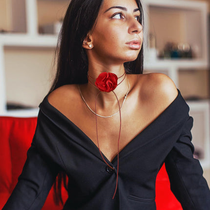 Vintage Flower Necklaces, Boho Floral Necklace Adjustable Fabric Rose for Women Girls Bride Wedding Party Birthday (Red) -.