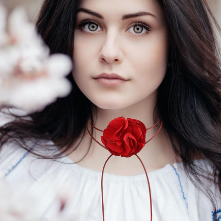 Vintage Flower Necklaces, Boho Floral Necklace Adjustable Fabric Rose for Women Girls Bride Wedding Party Birthday (Red) -.