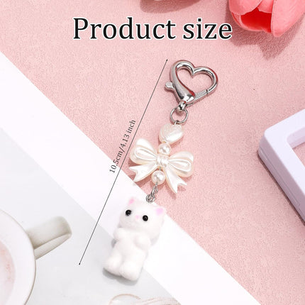 Cute Fuzzy Cat Keychain, Charm Keychain Lover Gift Heart Bow Pendent Stuffed Animal for Women Backpack Purse Bag Phone Decorative Ornament Accessories White -.