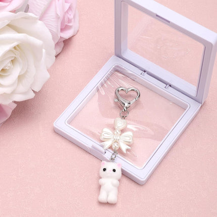 Cute Fuzzy Cat Keychain, Charm Keychain Lover Gift Heart Bow Pendent Stuffed Animal for Women Backpack Purse Bag Phone Decorative Ornament Accessories White -.