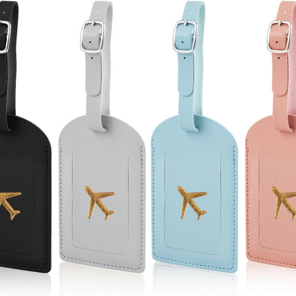 4pcs Luggage Tags, PU Suitcase Tags with Adjustable Strap, Privacy Cover, Blue, Gray, Black, Pink -.